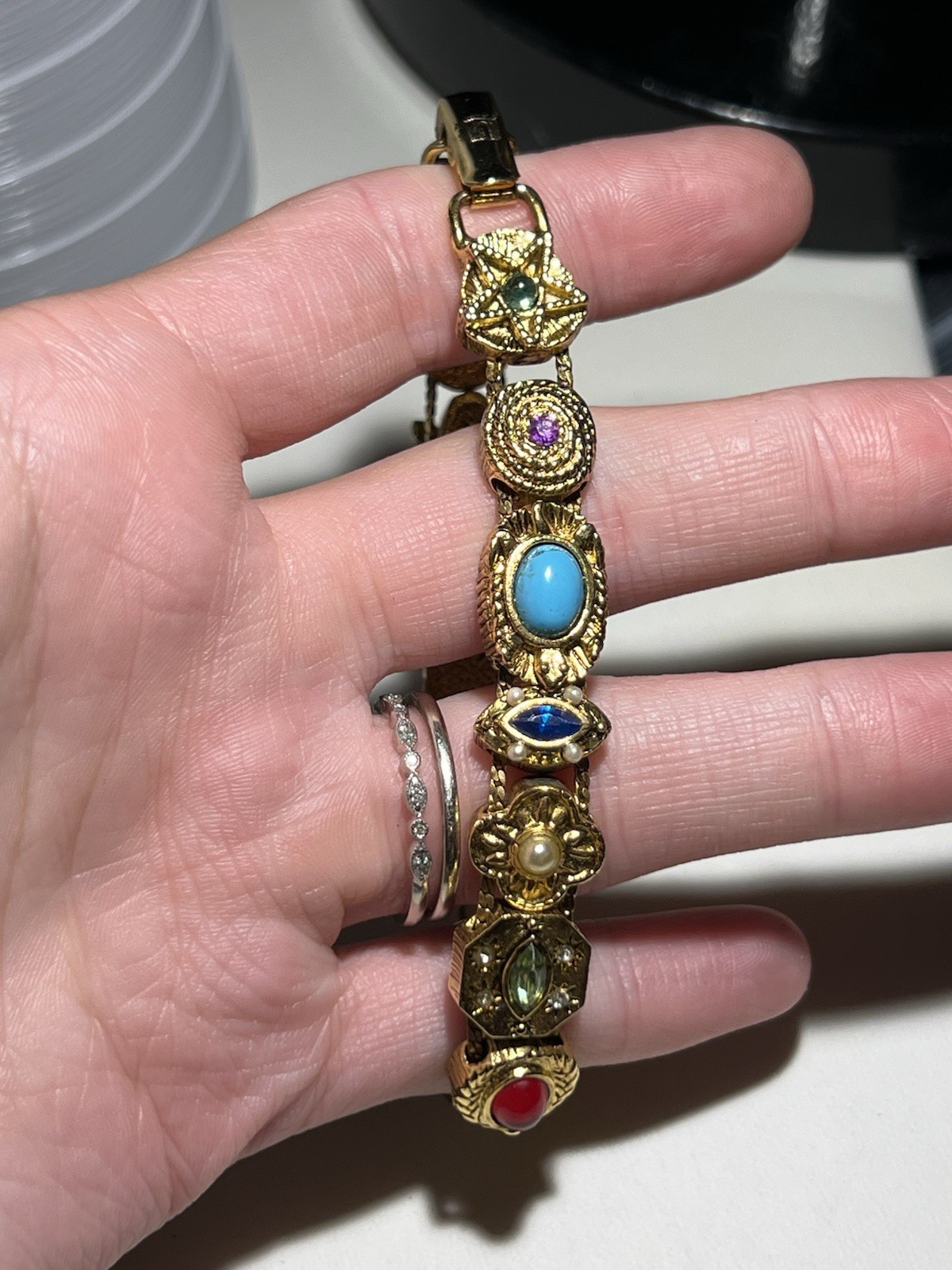 Vintage Victorian Revival Metal Tone Multi Gem Slide Bracelet Sz 7