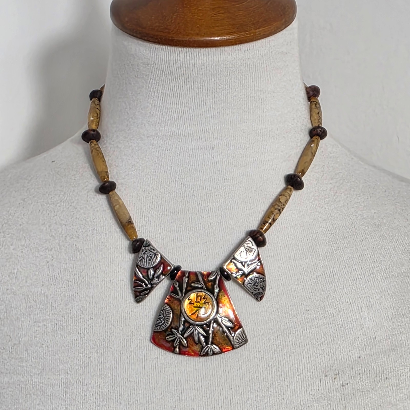 Chico’s Asian Inspired Necklace Three Metal Pendants with Bamboo & Asian Writing