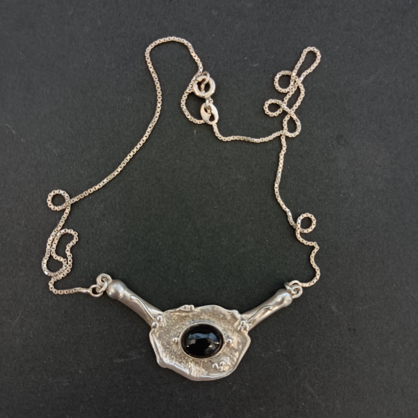 Modernist Silver Onyx Necklace Artisan Freeform Bib Brutalist Israel Art Vintage