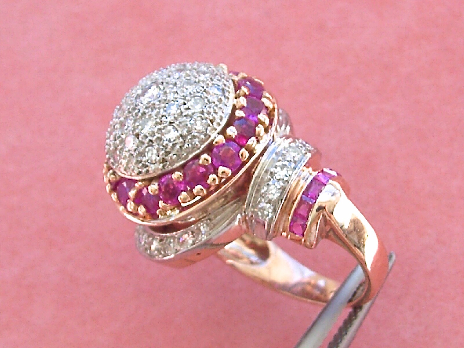 VINTAGE RETRO 1.38ctw DIAMOND 1.23ctw RUBY ATOMIC SPACE COCKTAIL PINKY RING 1940