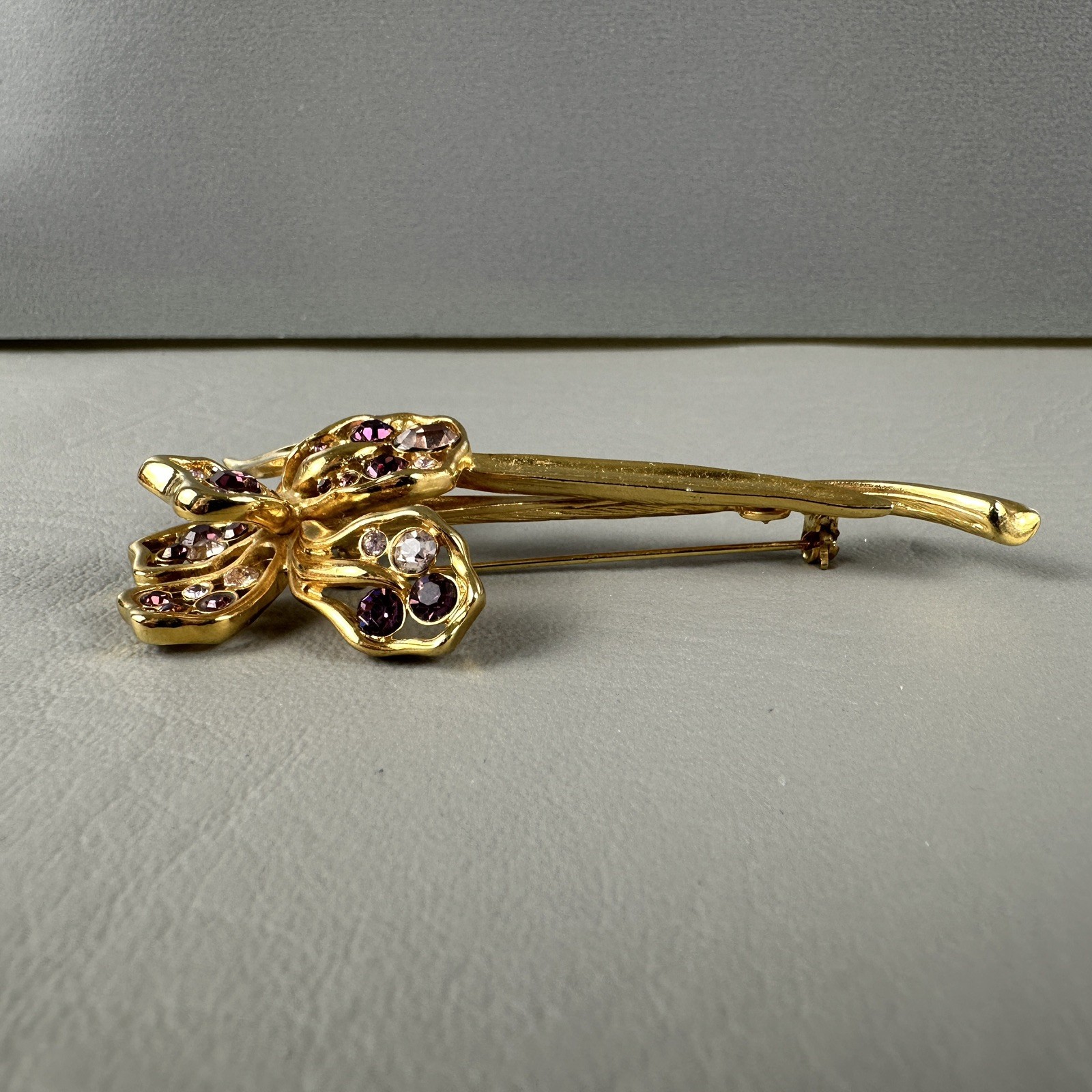 Vintage Flower Brooch Gold Tone Orchid Iris Purple Rhinestones 3.25″