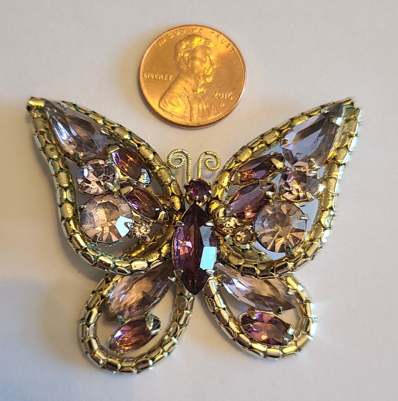 Vintage Gold Tone With Purple Rinestones Butterfly Brooch