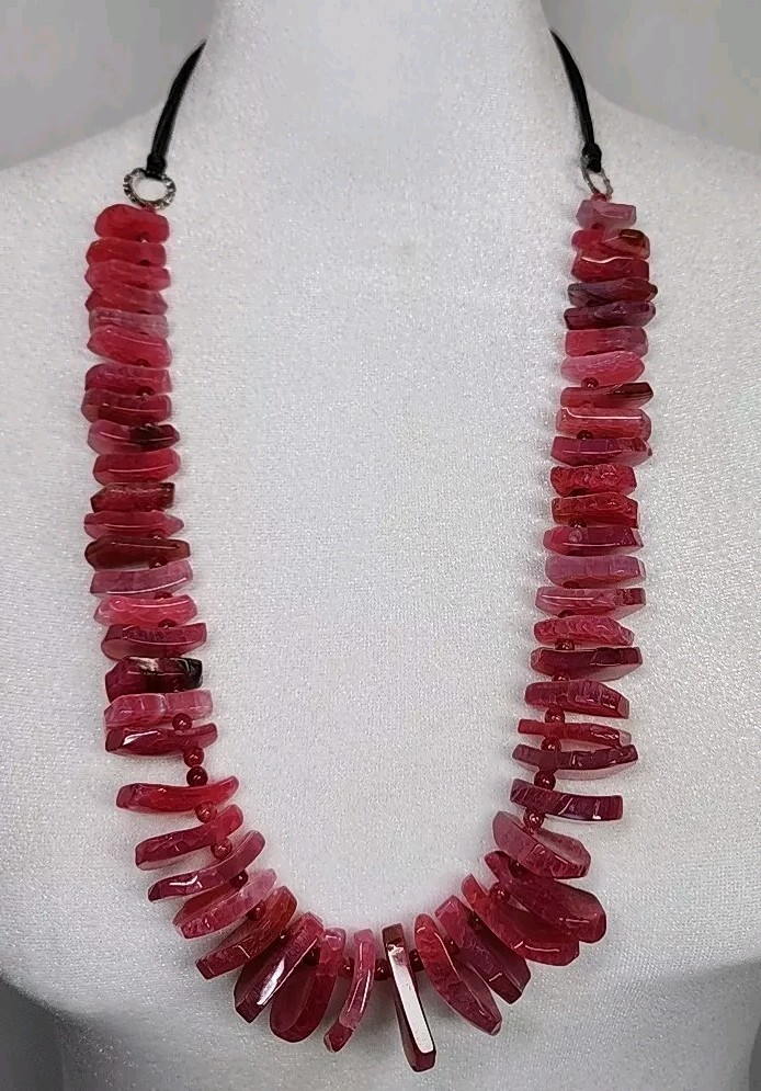 Gorgeous Pink Crackle Agate Stone .925 Clasp Statement Beaded Necklace 148g