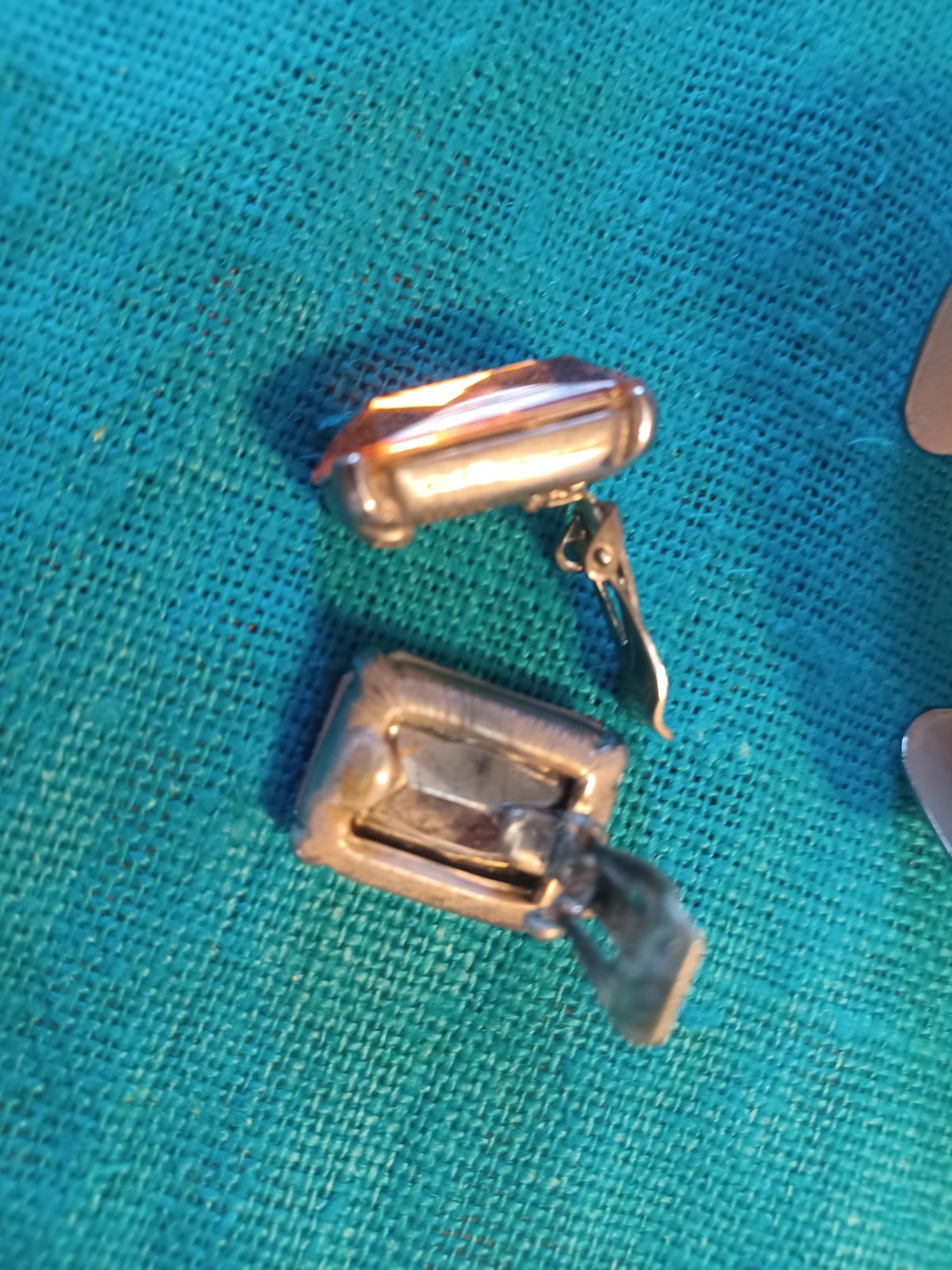 VTG Modernist Silver-Tone Cuff Bracelet & Earrings Set Orange Gemstone Clip-Ons