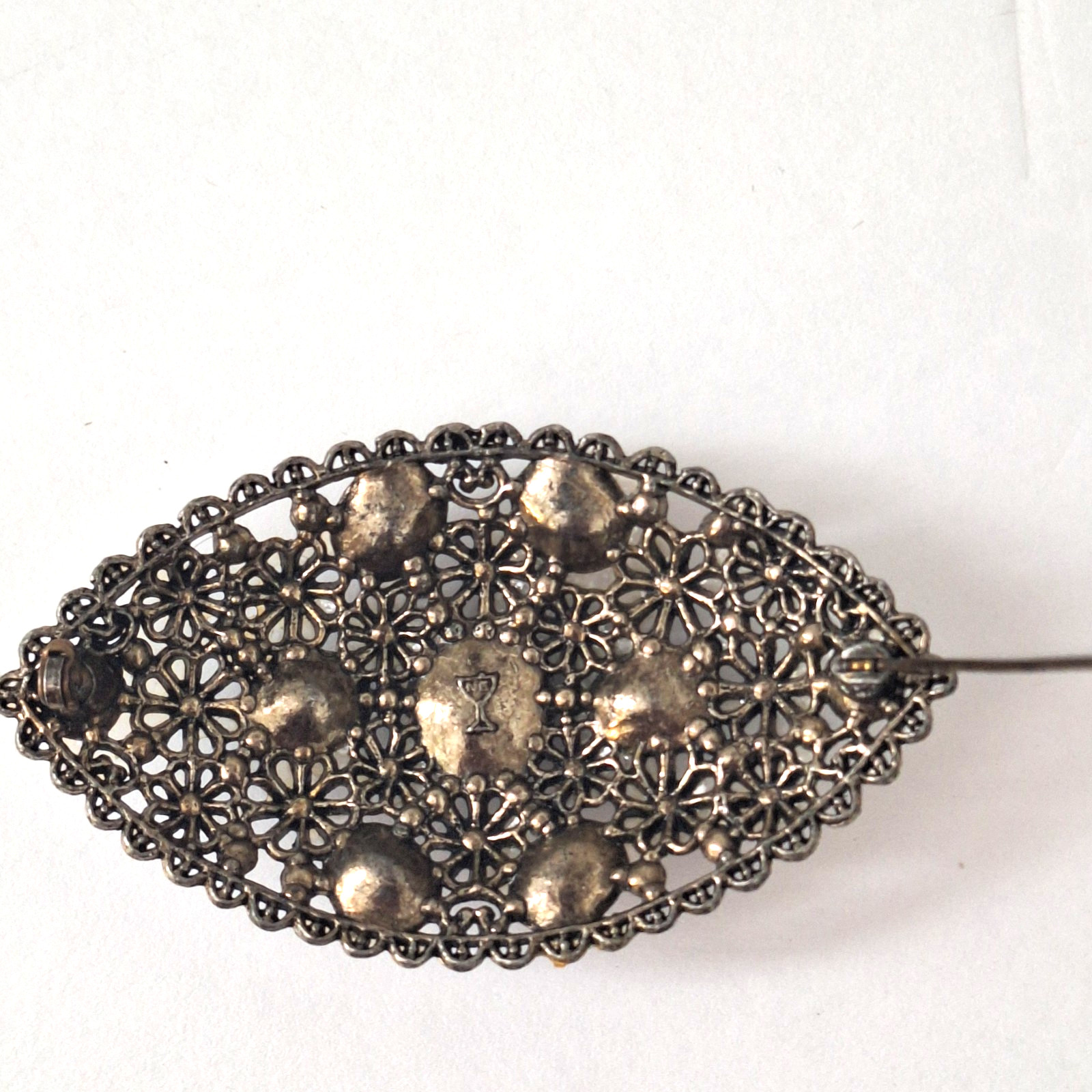 New England Glass Works Brooch Silver Tone Floral Filigree Czech Rhinestones VTG