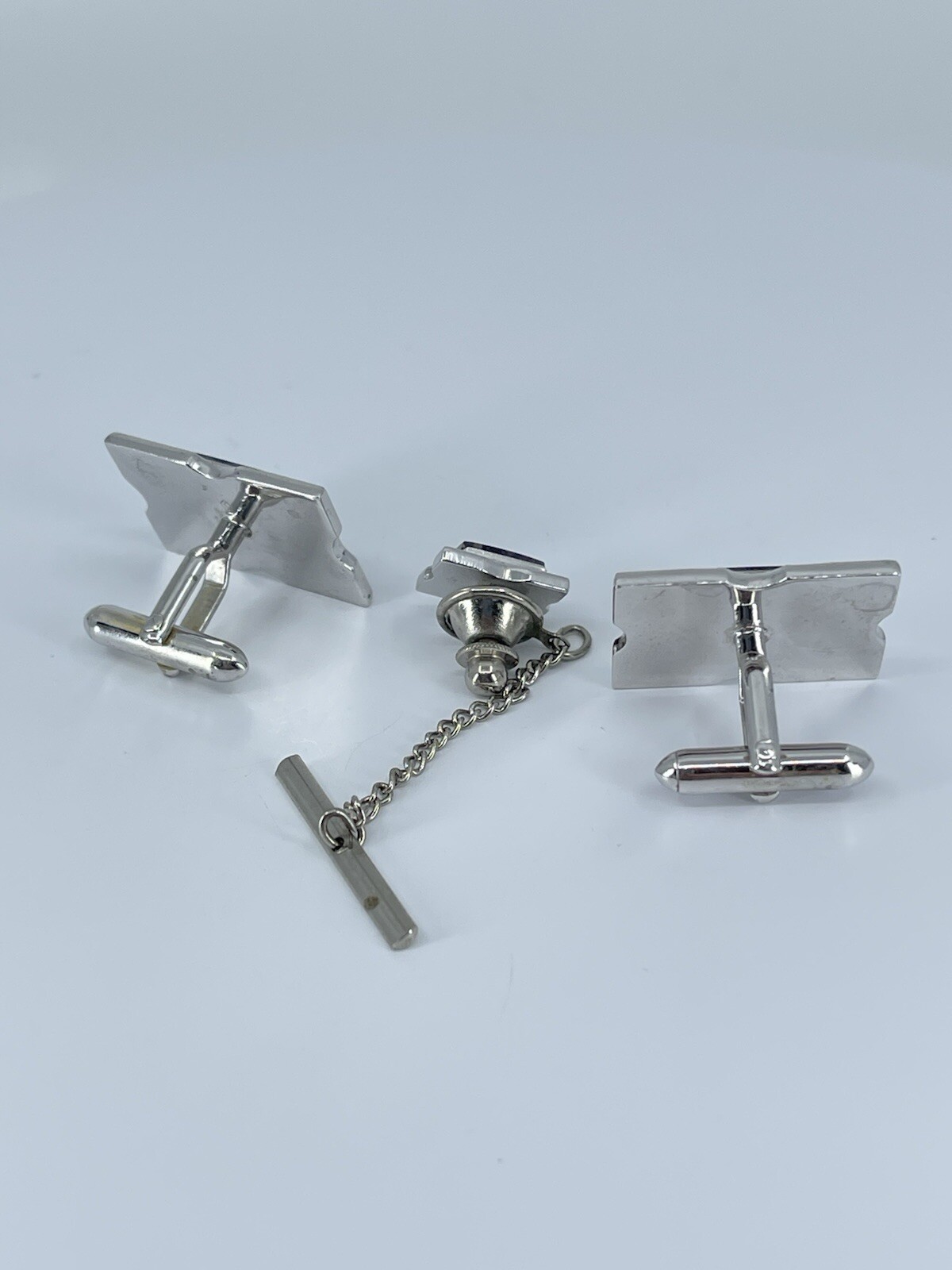Swank Cufflink and Tie Tack set Jadeite rectangle silver tone 3/4″