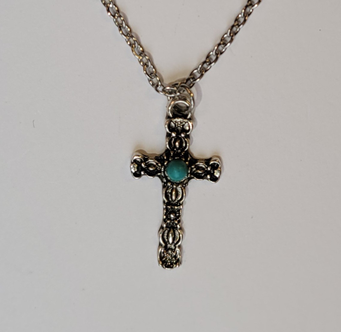 Southwestern Cross Necklace Silver Tone Faux Blue Turquoise 18in Chain Vintage