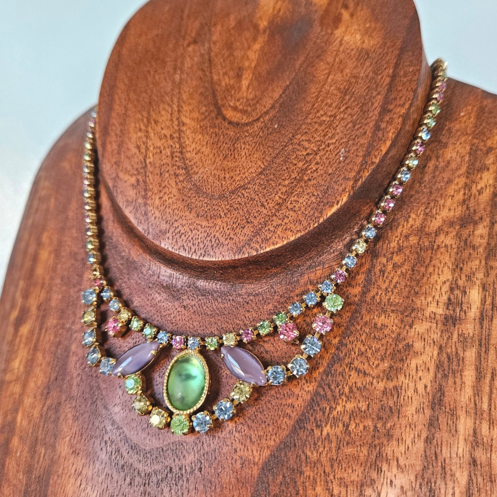 Vintage Multi-Color Pastel Rainbow Rhinestone Choker Necklace MCM Hook Juliana