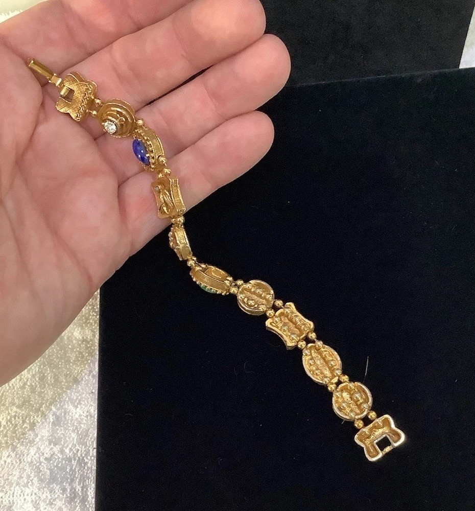 Vintage Gold Tone Victorian Revival Beaded Slide Charm Bracelet 7.5”