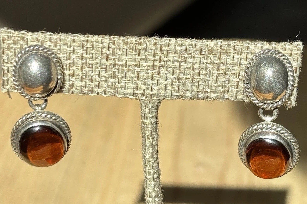 Vtg 925 Sterling Amber Cabochon 1-1/4” Dangle Drop Post Earrings Mexico 8g