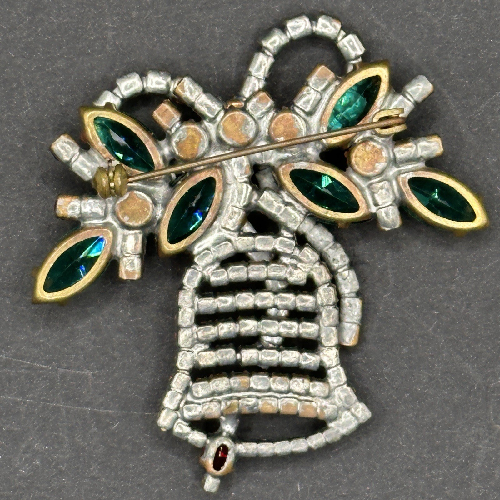 Vintage Czech Christmas Bell Brooch Art Deco 1925-1950s, Crystal & Glass OOAK