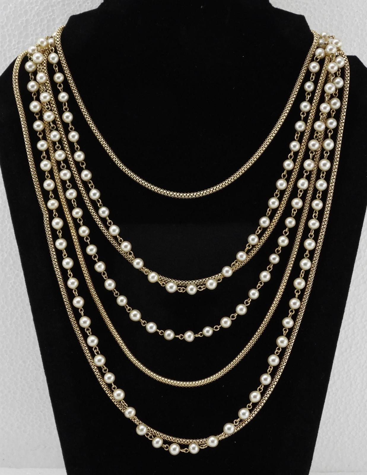 Vtg Signed MARVELLA Multi Strand Gold Tone Faux Pearl Necklace Boho Statement