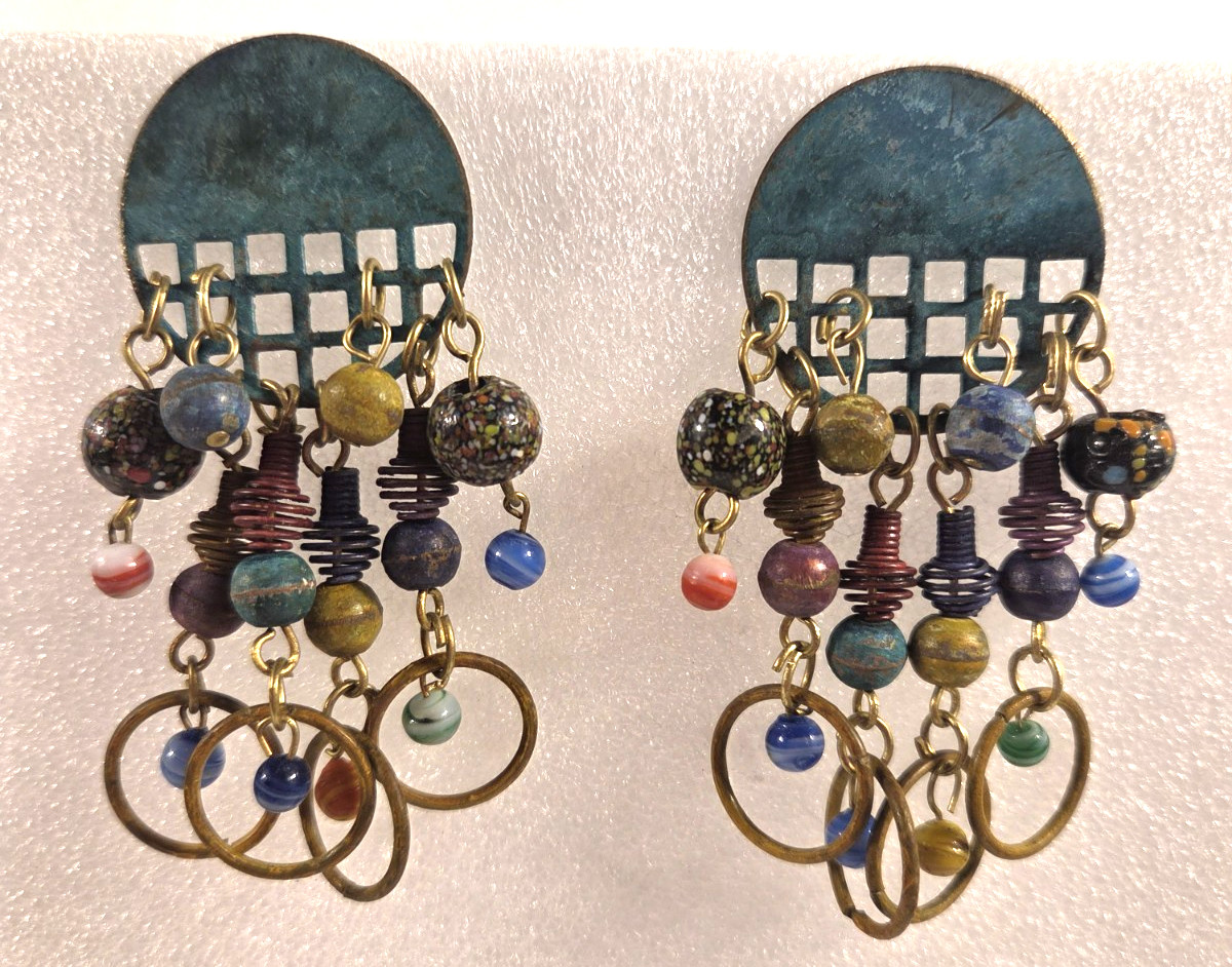 Vintage Boho Rustic Dangle Drop Post Earrings Mixed Metal Geometric Design