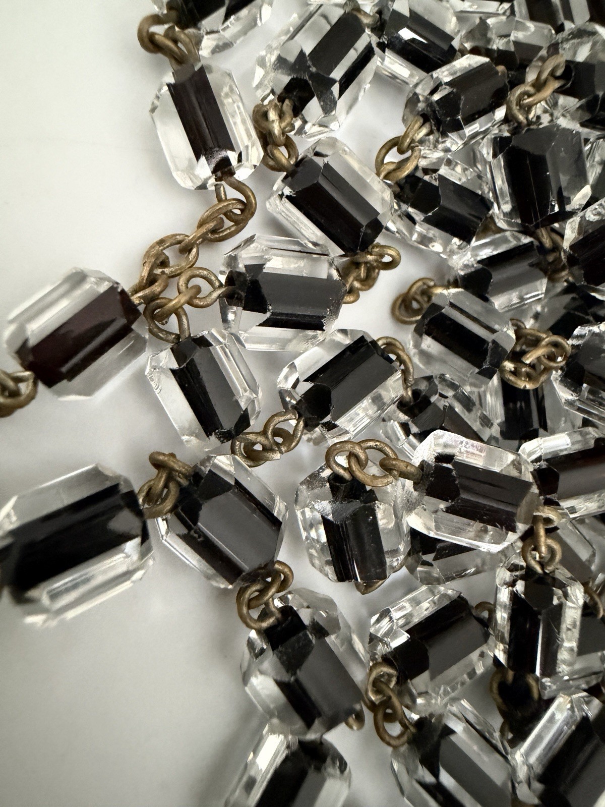Antique Czech Jet Black & Clear Geometric Glass Bead 60″ + Extra Long Necklace