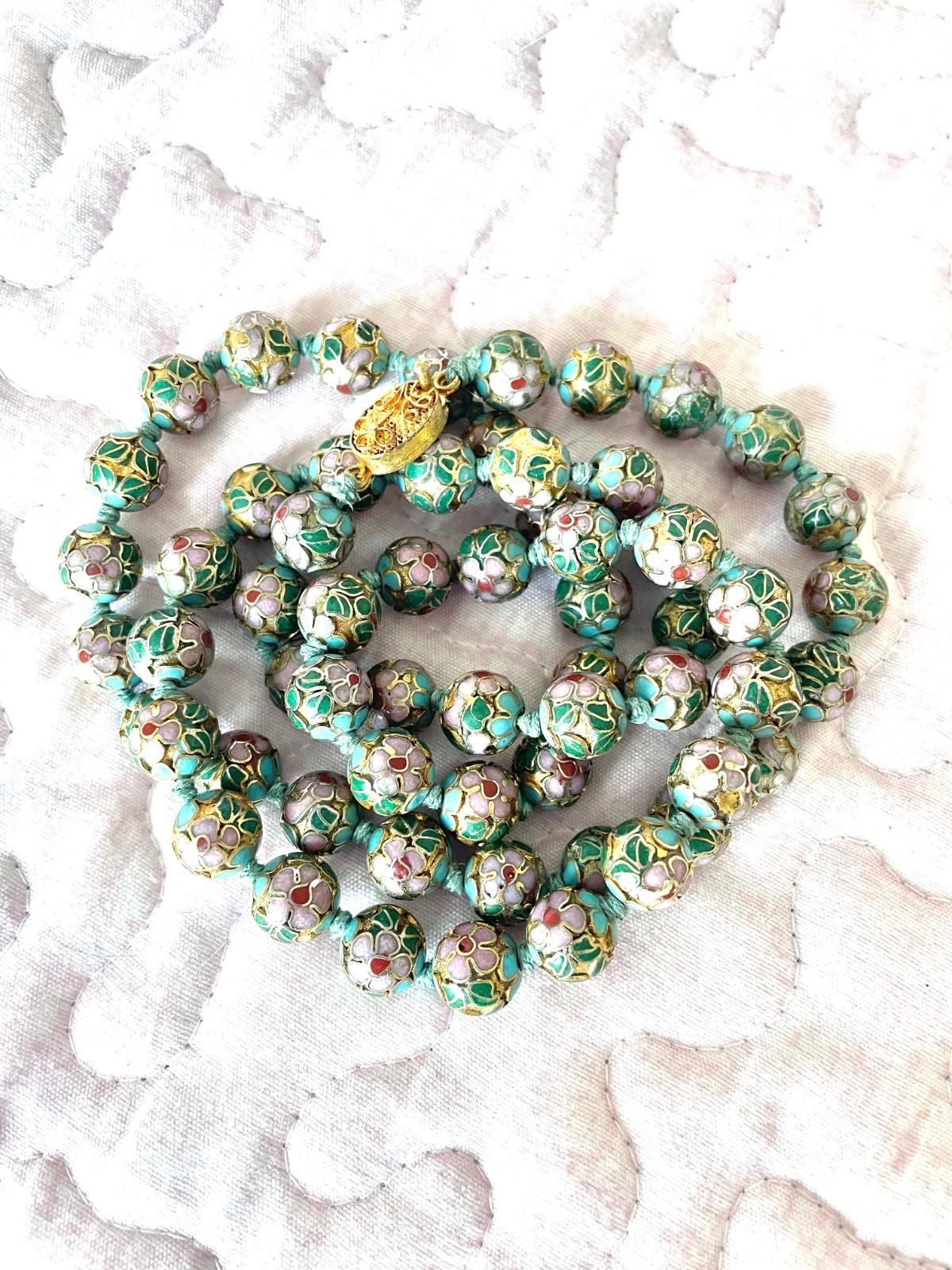 Vintage Cloisonne Chinese Enamel Blue Green Flower Beaded Necklace 29”x 1 cm
