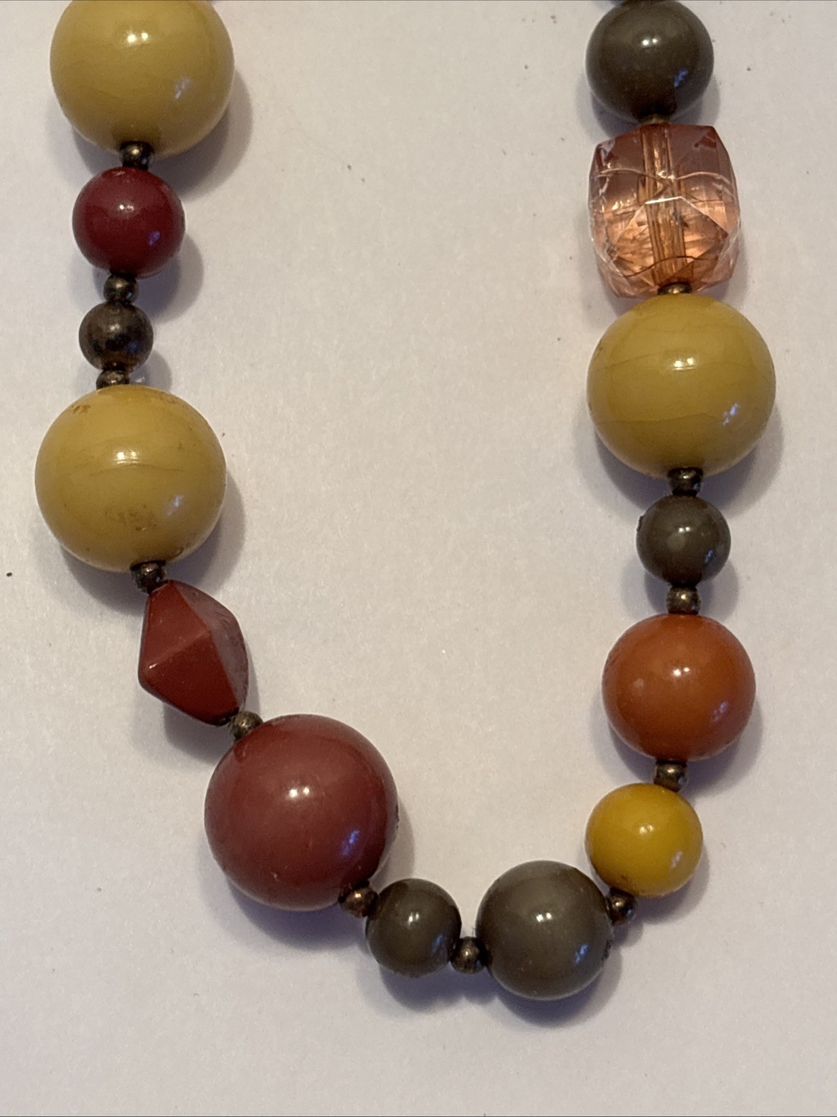 Vintage 70’s Boho Hippie Long Wooden Beads And Lucite Bead Necklace Earth Tones