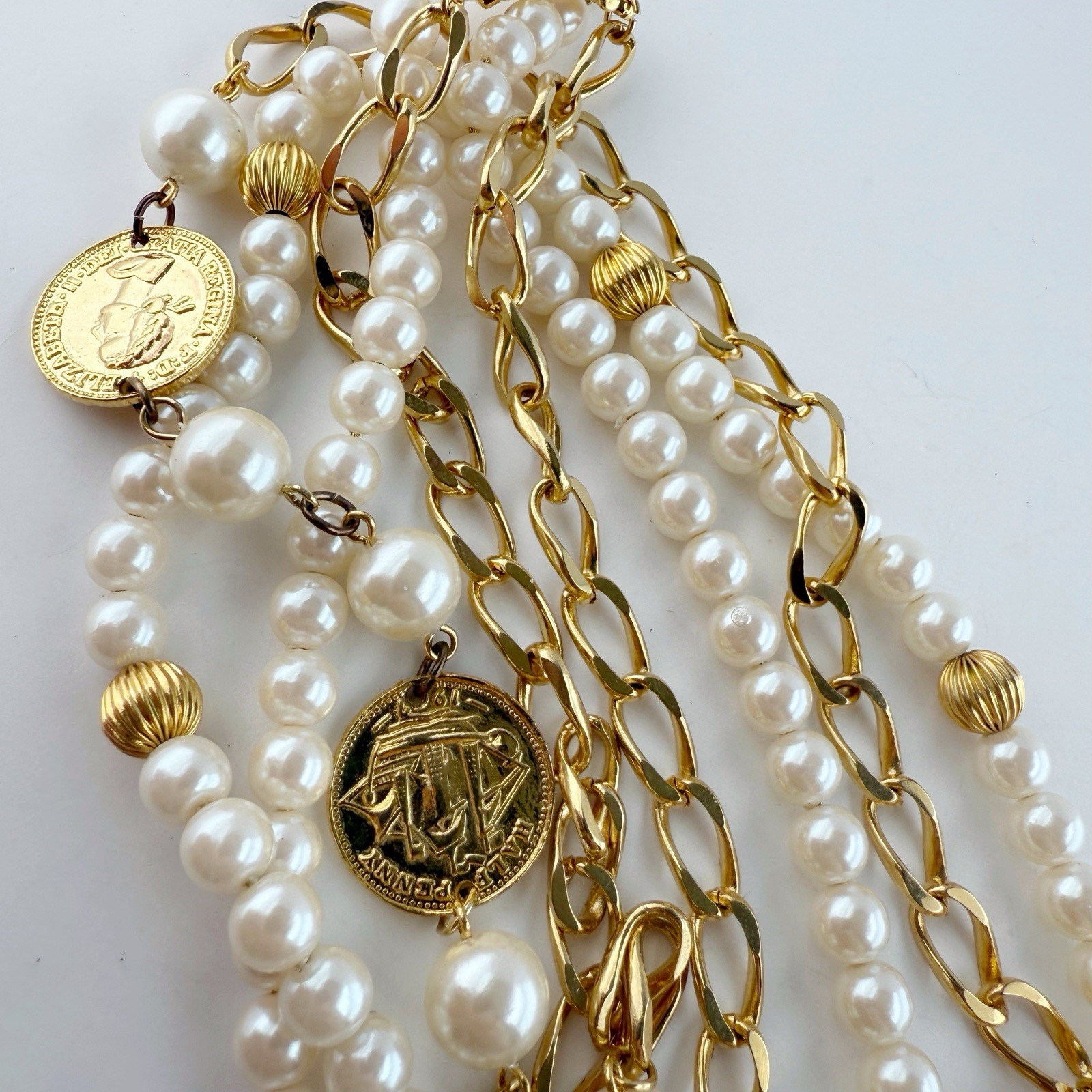 Vintage Marvella Double Strand Faux Pearl Coin Chain Link Goldtone Necklace 30”