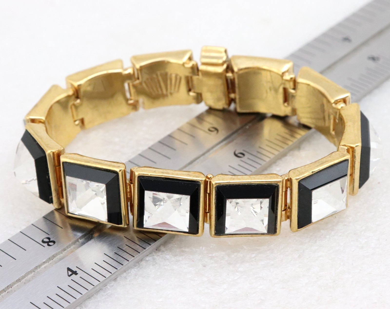 7″ Vintage Henri Bendel Square Crystal Rhinestone Clasp Bracelet Gold Tone Heavy
