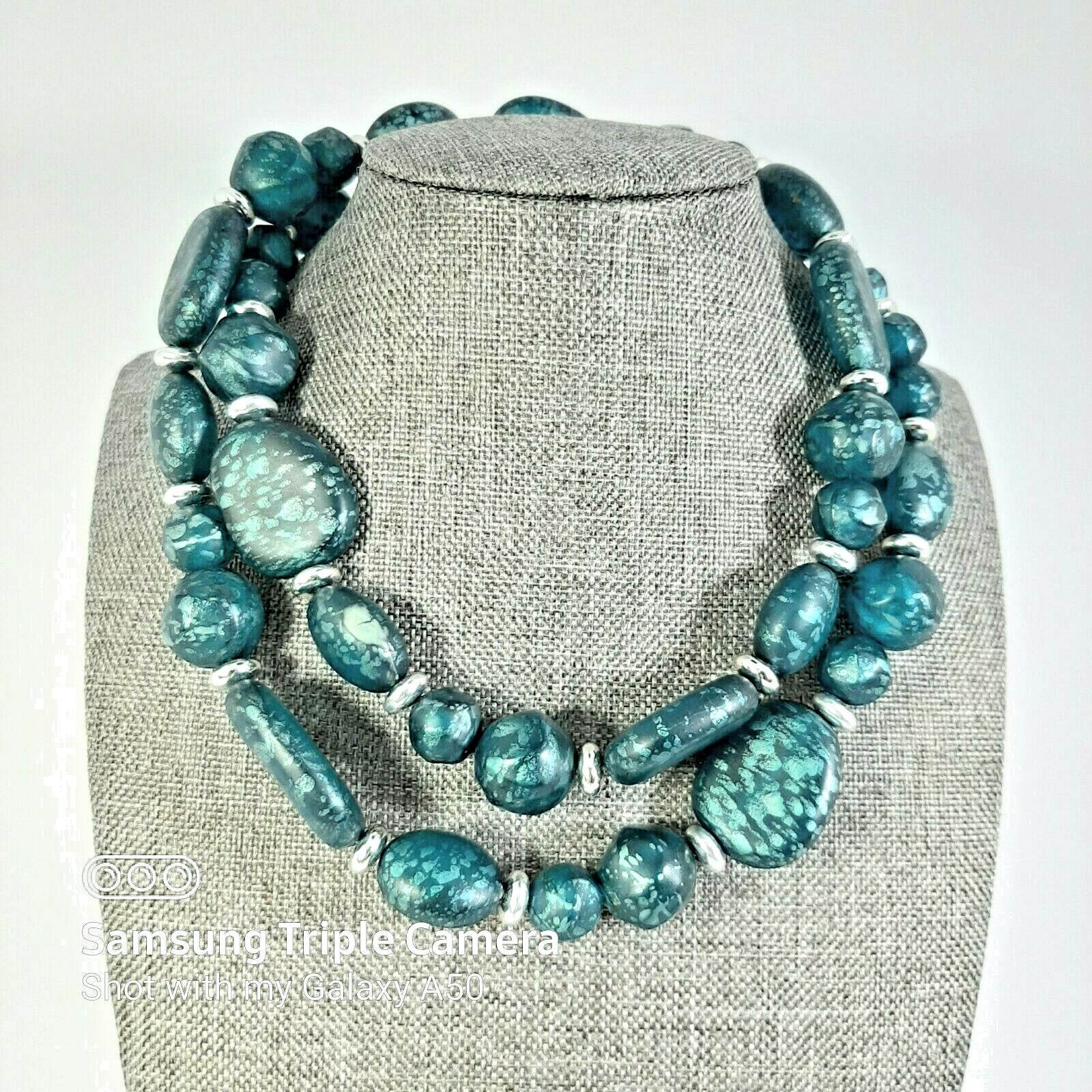 Vintage Marbled Aqua Blue Bead Long Necklace and Matching Clip On Earrings Set