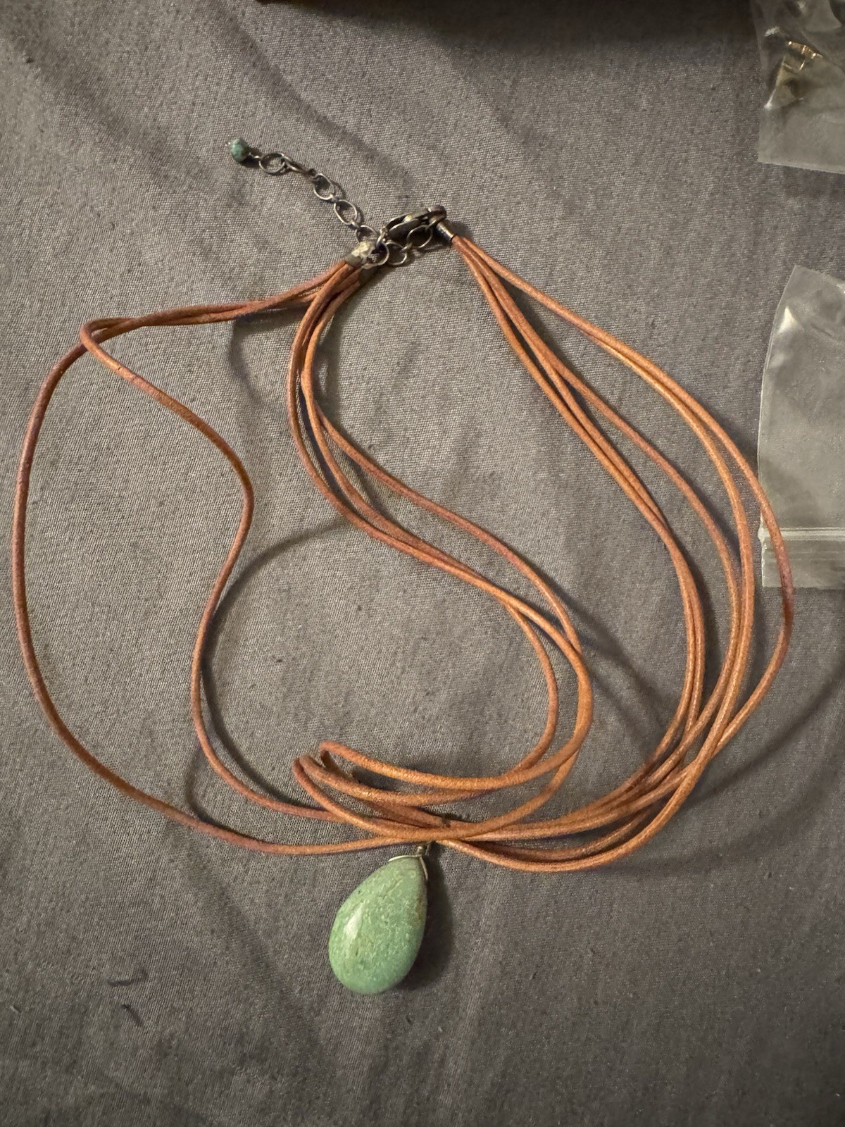 Vintage Multi Strand Leather Wire Wrapped Green Gemstone Necklace Sterling 925