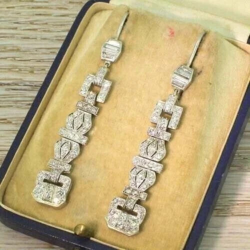 5.3Ct Art Deco Style Lab Diamond Birthday Drop Dangle 14k White Gold Earring Set