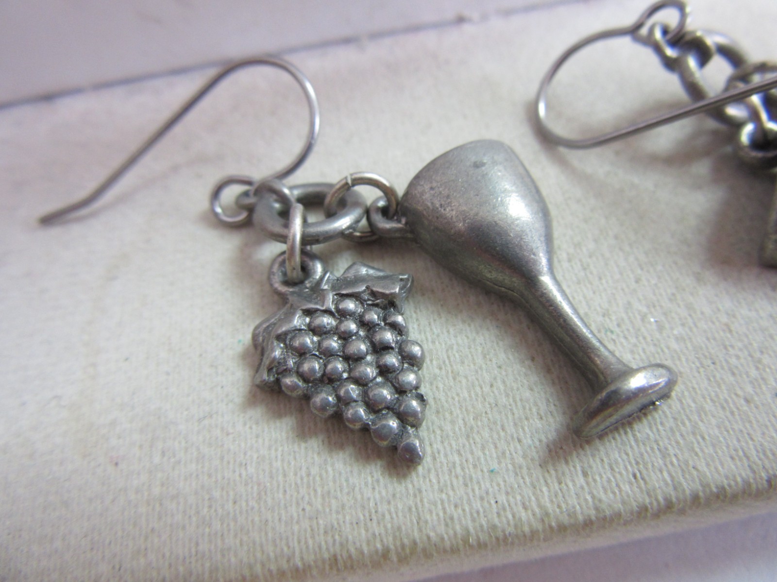 Vintage Jim Clift grapes and wine glass pewter charms pierced earrings
