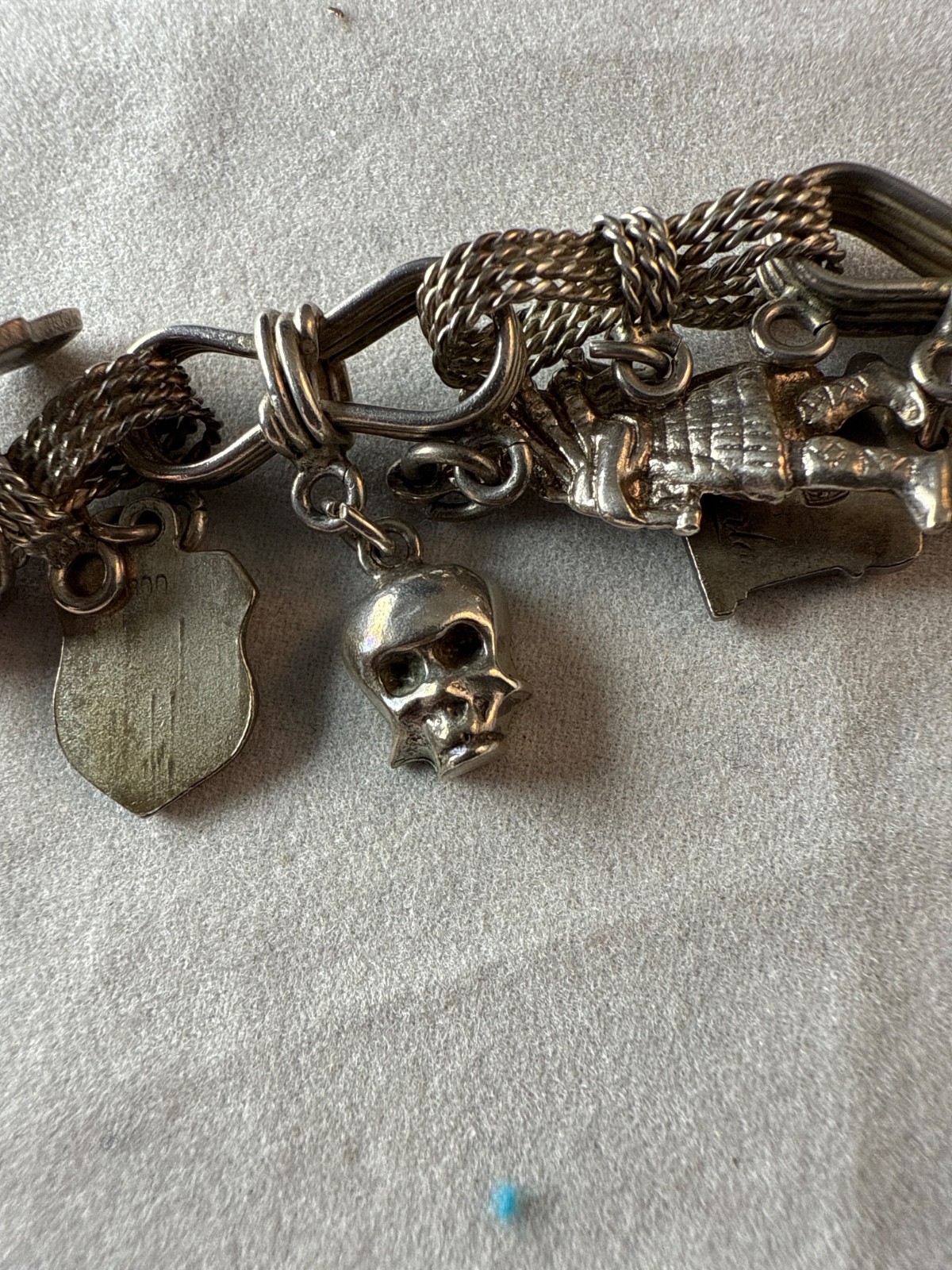 England Vtg Sterling Silver 8” charm bracelet bows Europe travel with 14 CHARMS!