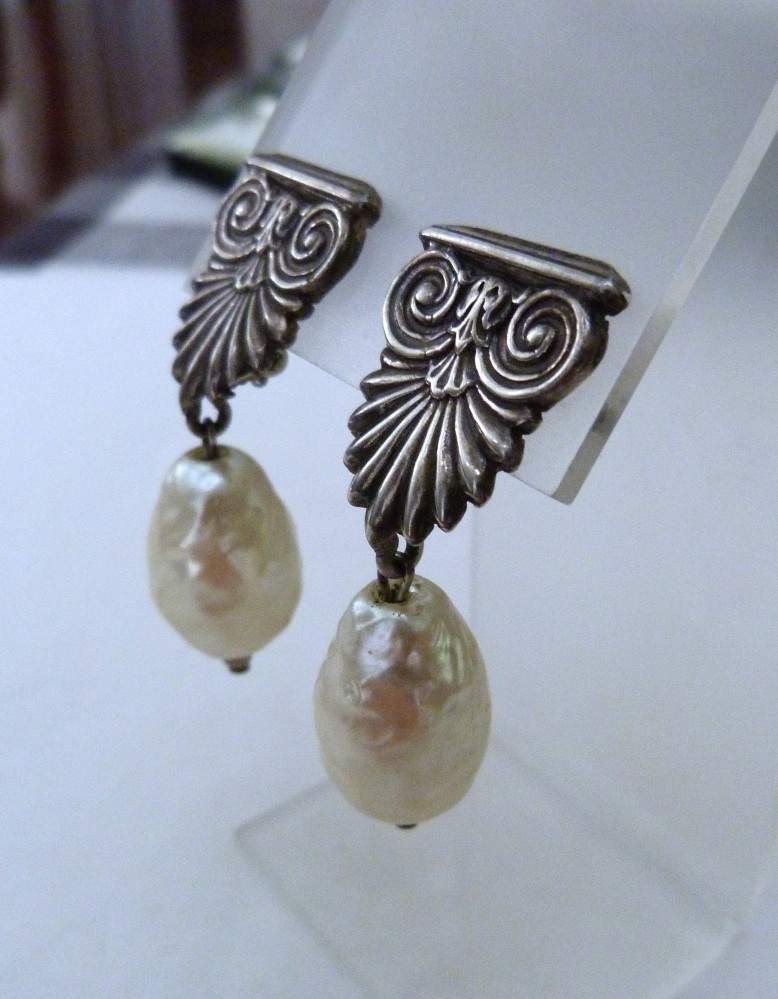 2″ VINTAGE STERLING SILVER ETRUSCAN LARGE FAUX BAROQUE PEARL DANGLE EARRINGS