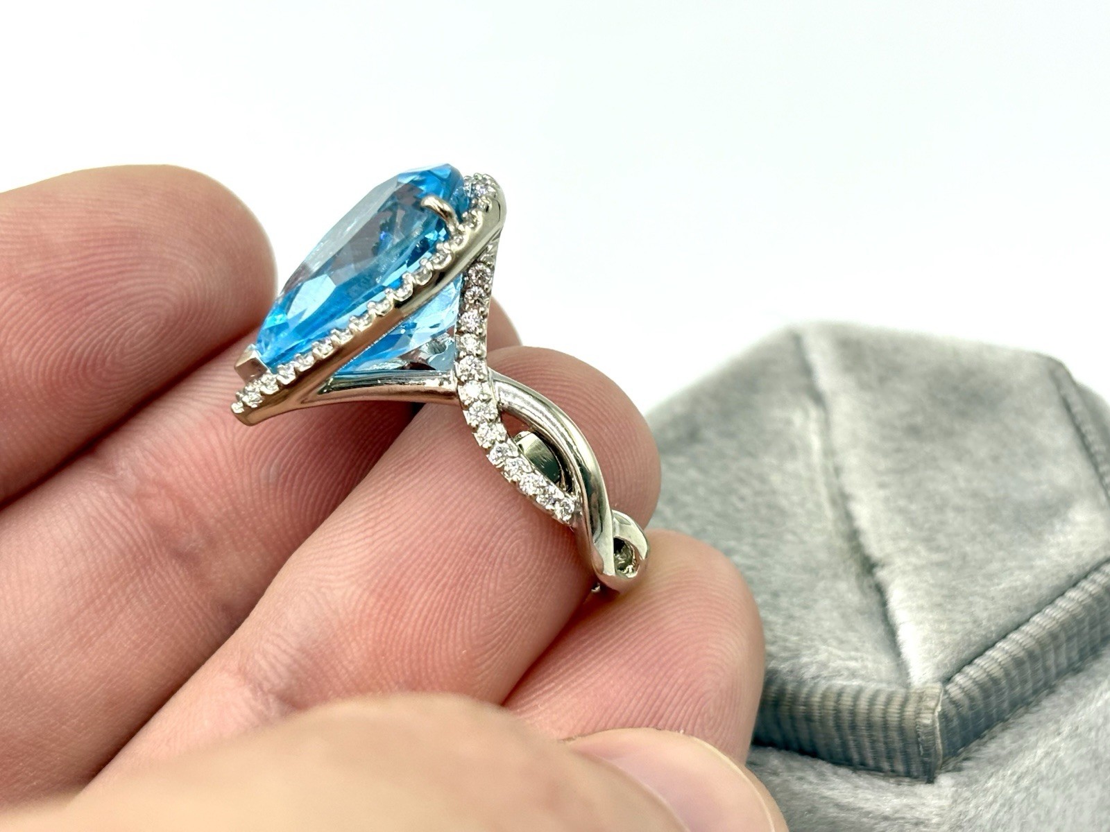 14K White Gold Pear Shape Blue Topaz Diamond Halo Ring