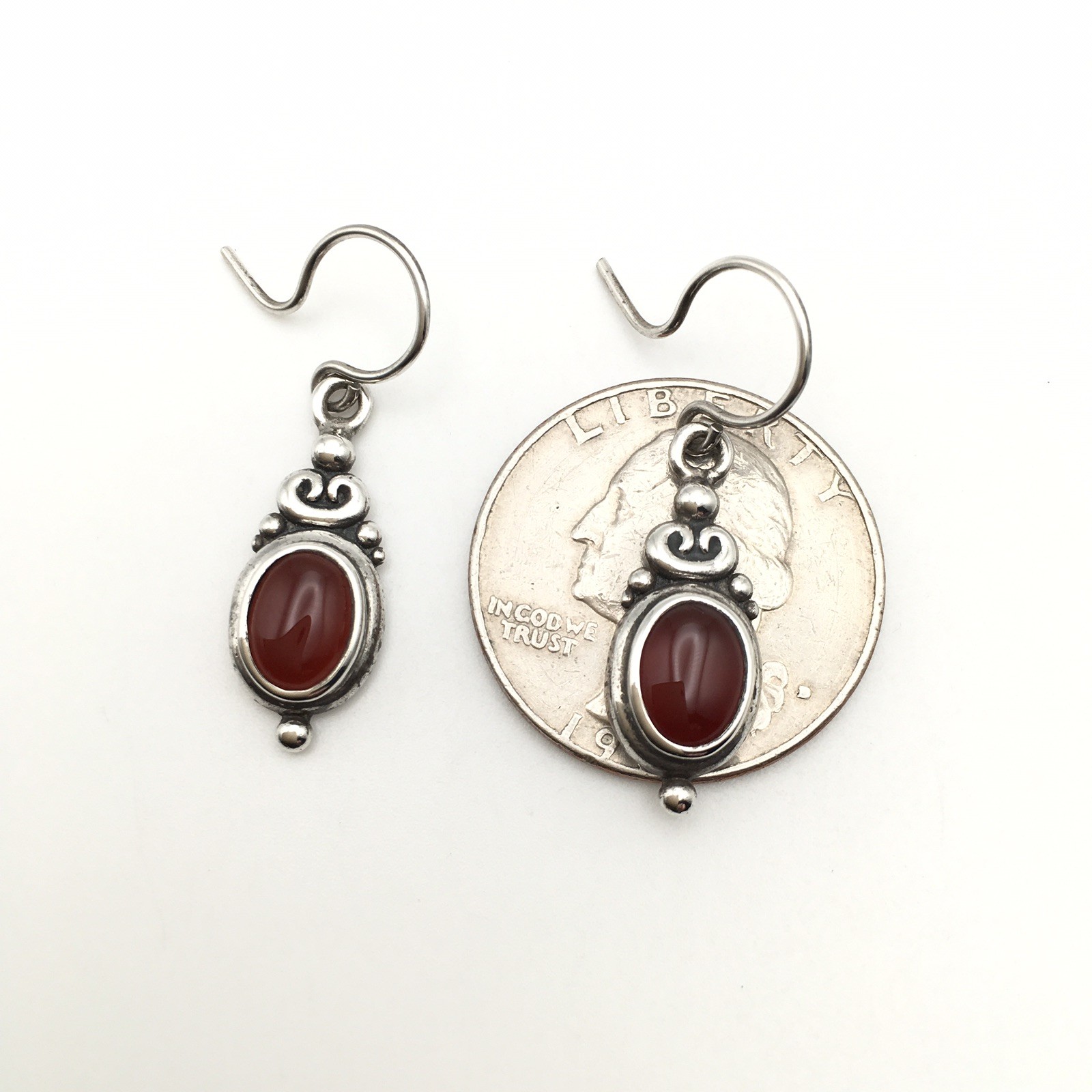 Vintage Sterling Silver Oval Red Orange Stone Hook Dangle Earrings 3.9g #65