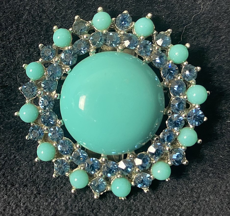 Vintage, Signed, Trifari Costume Jewelry Brooch Faux Turquoise Blue Rhinestones