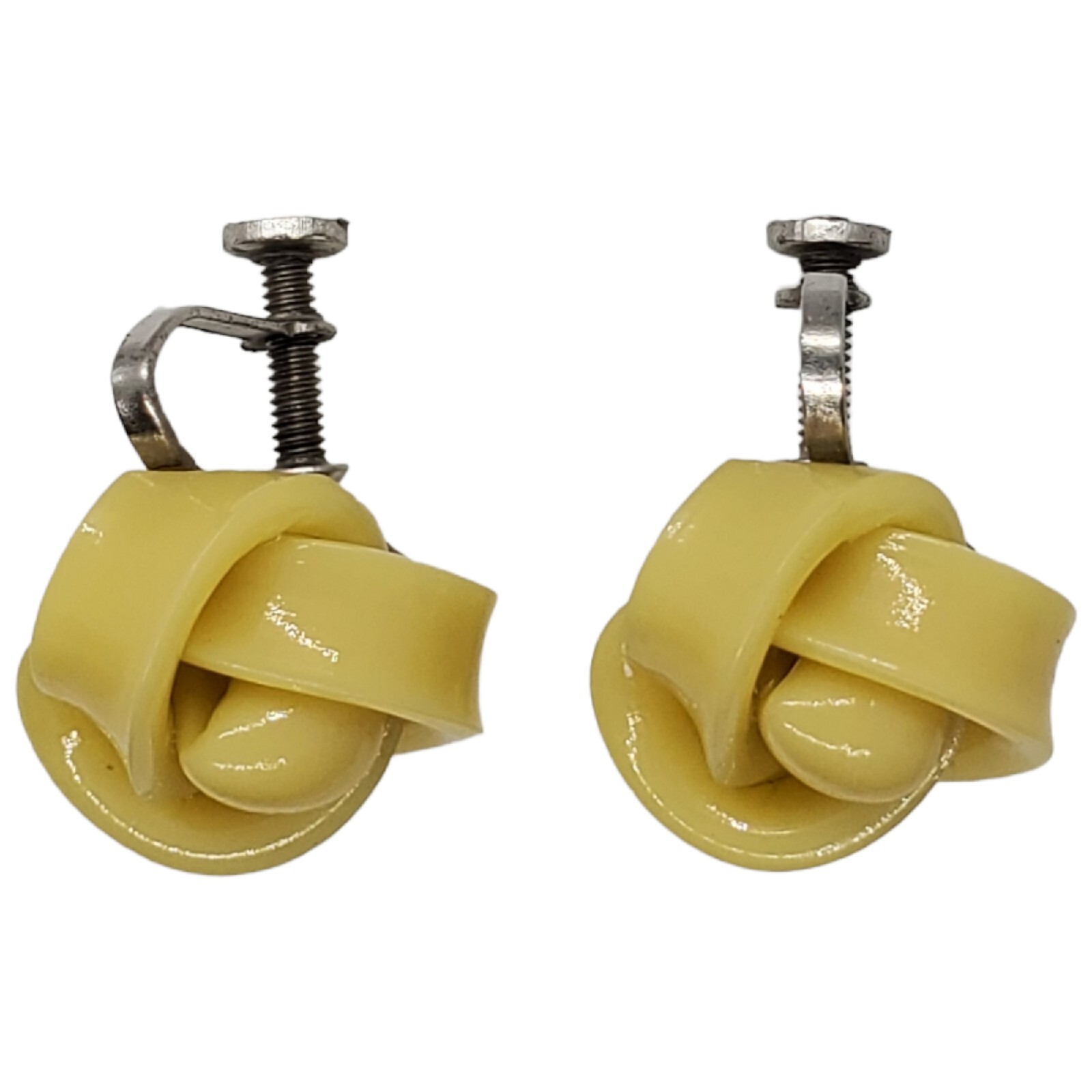 Vintage Celluloid Screw Back Earrings Yellow Rose Knot Silver Tone .5″