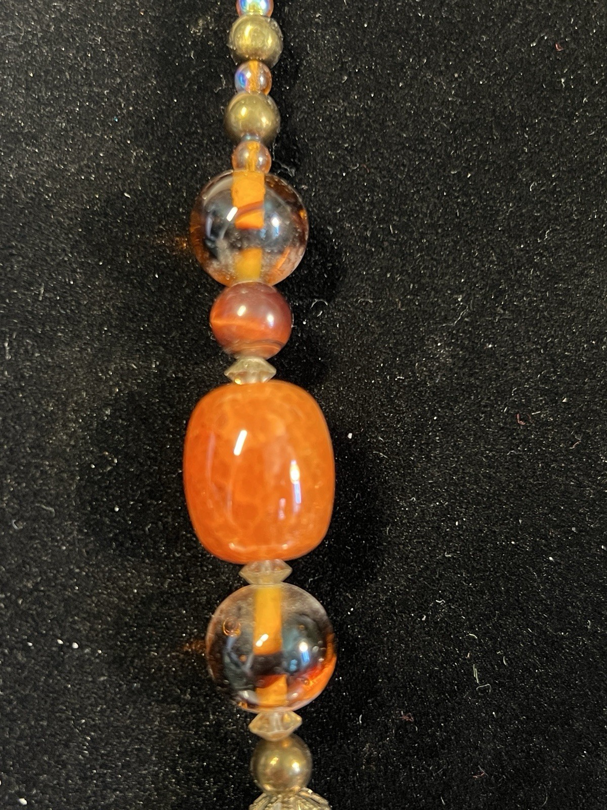 VTG Statement Fire Agate Carnelisn Glass Bead Pendent Necklace 26″ Earth Tones