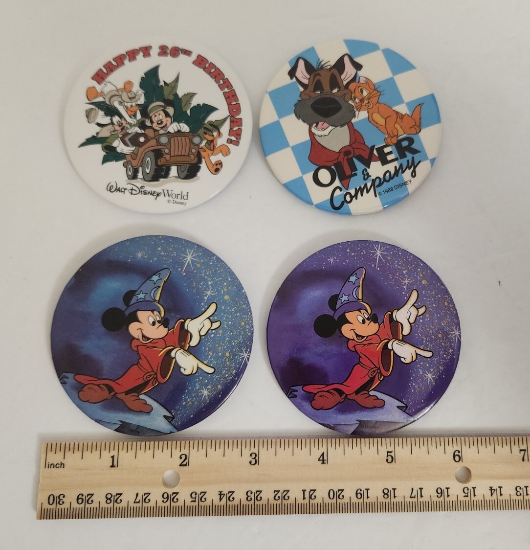 Lot Of 4 Vintage Disney Button Pins Oliver & Company Micky Mouse Fantasia WDW