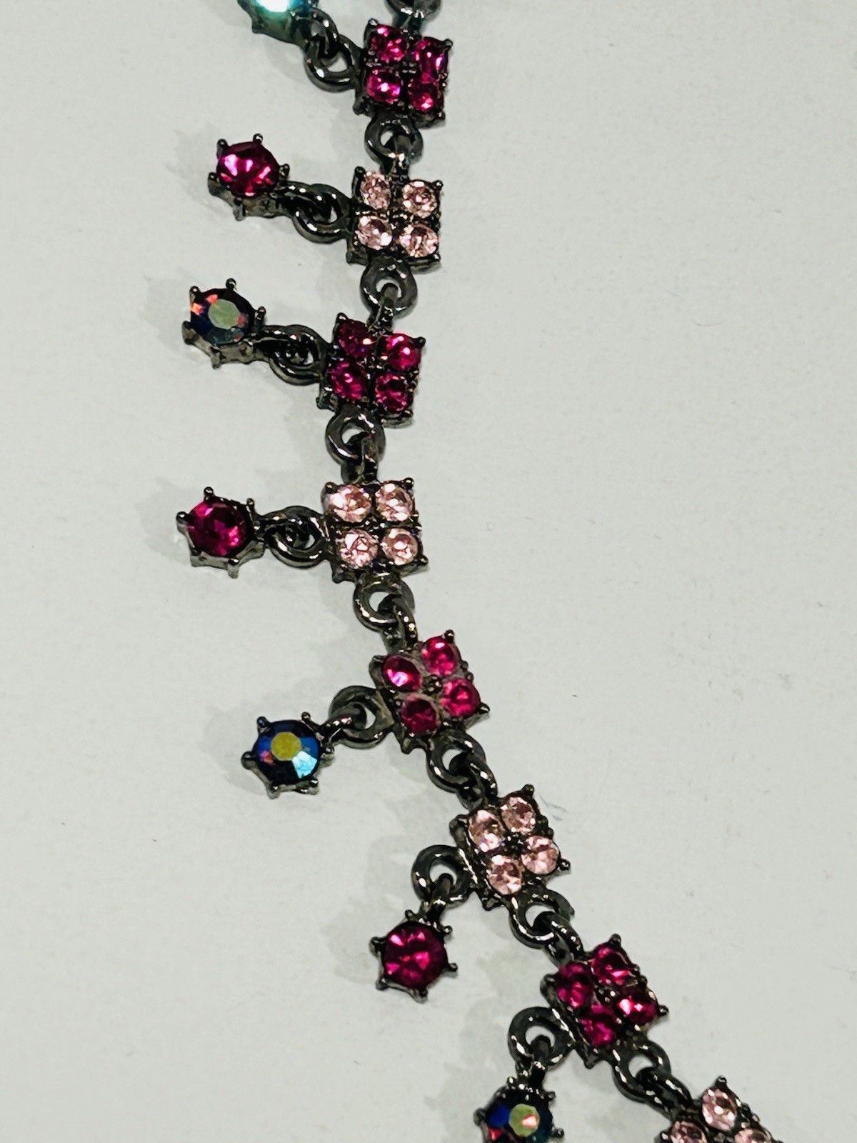 Gunmetal Rhinestone Statement Necklace Pink Fuchsia Fringe Vintage Style