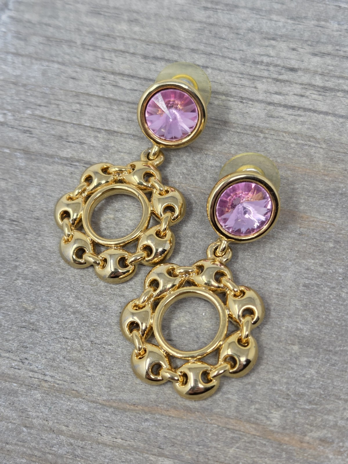 Gold Tone & Pink Acrylic Rhinestone Dangle Drop Hoop Earrings Vintage 1.7 Inches