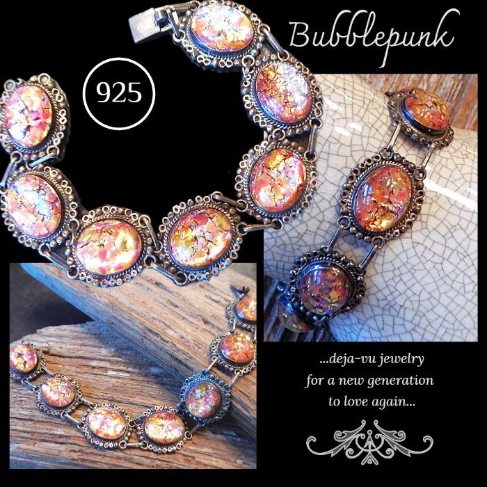 Vintage JOY MEX 925 Sterling Silver Dragons Breath Cabochon Link Bracelet K2