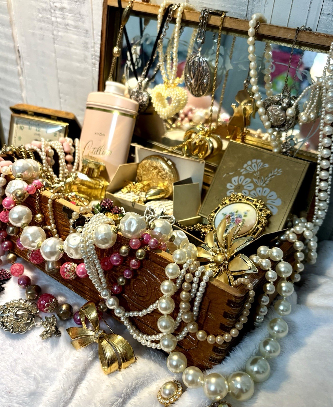 Romantic Estate Jewelry Lot Chest Sterling Gold Filled Pearls Hollycraft 1928