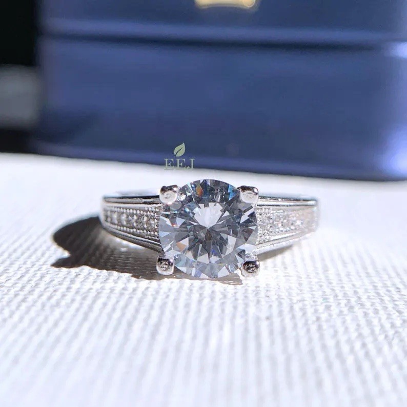 Moissanite Engagement Ring Round 2 Ct Art Deco Pave Band Vintage Bridal Gift