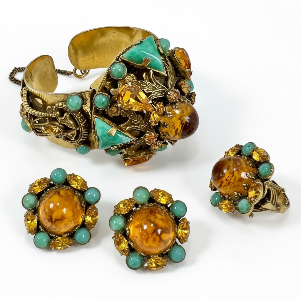 Vintage Art Nouveau Gripoix Poured Glass Citrine Crystal Jewelry Set
