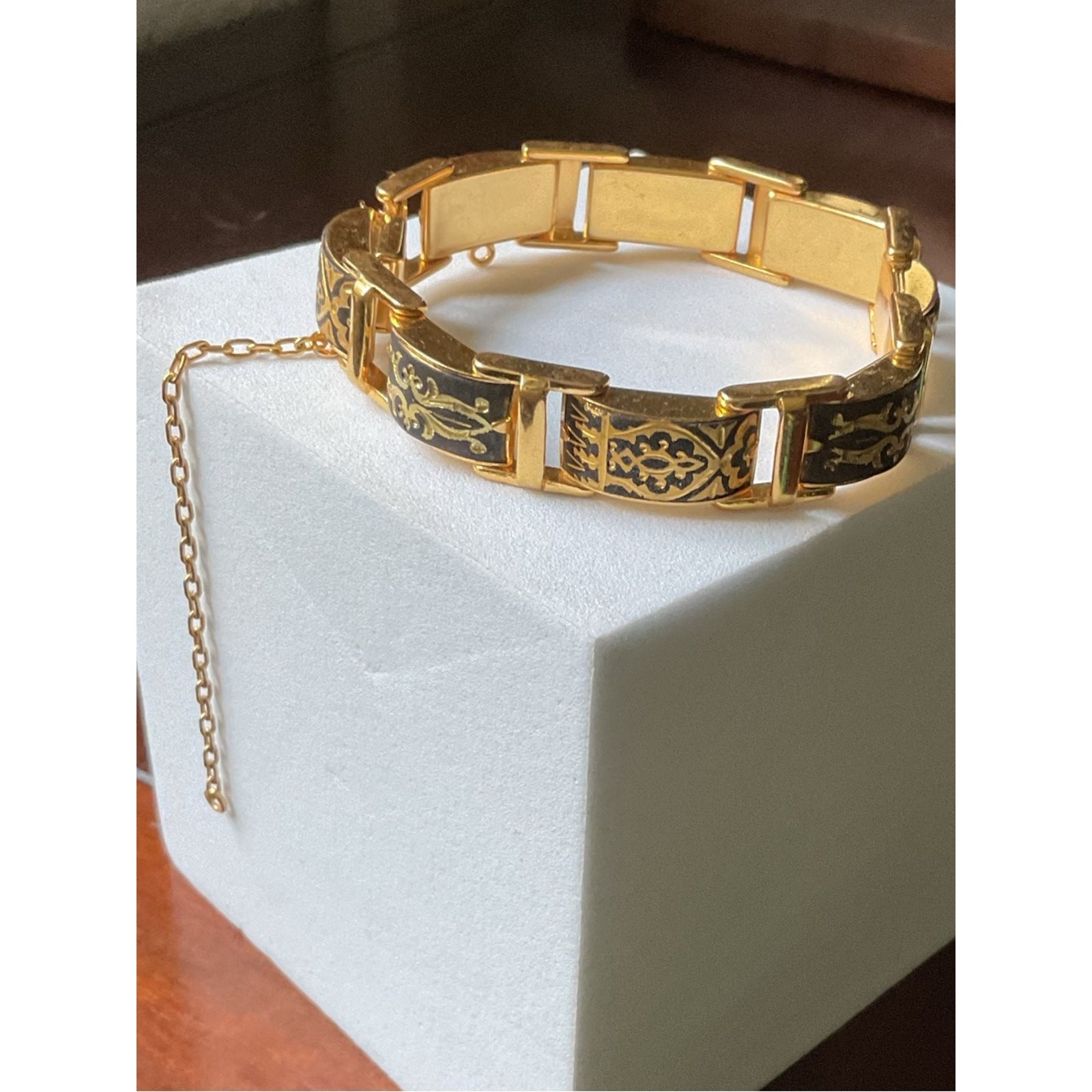Vintage Damascene Linked Panel Bracelet Gold Tone 7.25” Repair Craft