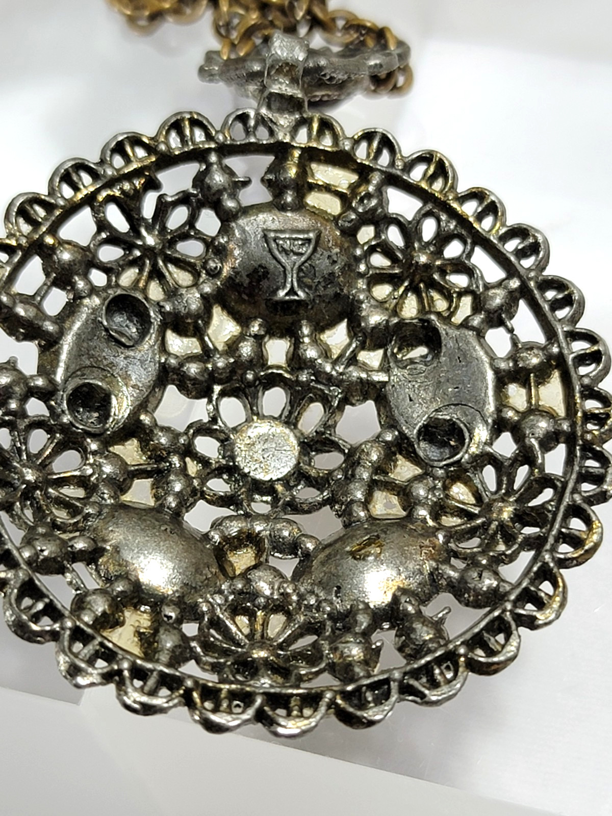 Vintage New England Glass Works Rhinestone Medallion Necklace 18″