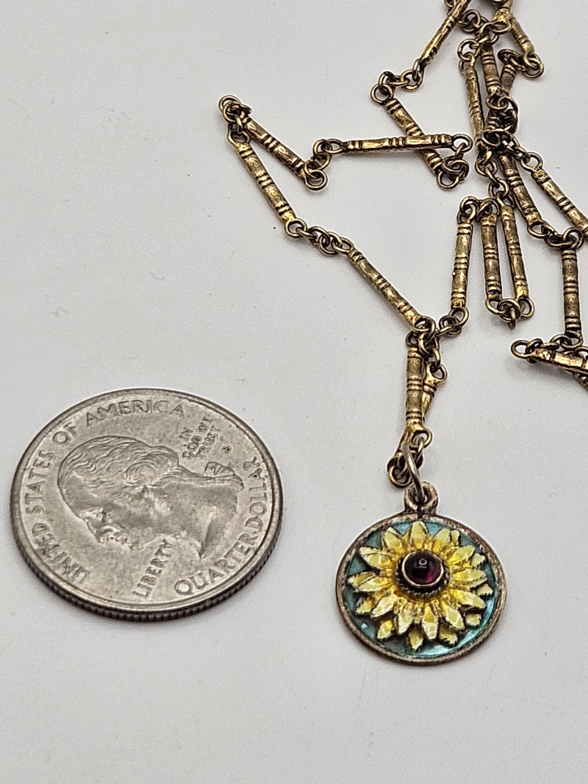 Vintage Sterling Silver Gold Finish Enamel Sunflower Garnet Pendant Necklace 20″