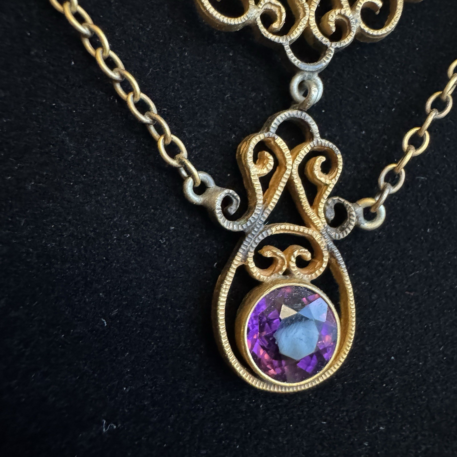 Vintage 12K GF Art Nouveau Revival Festoon Necklace Purple Glass Ivy Leaves