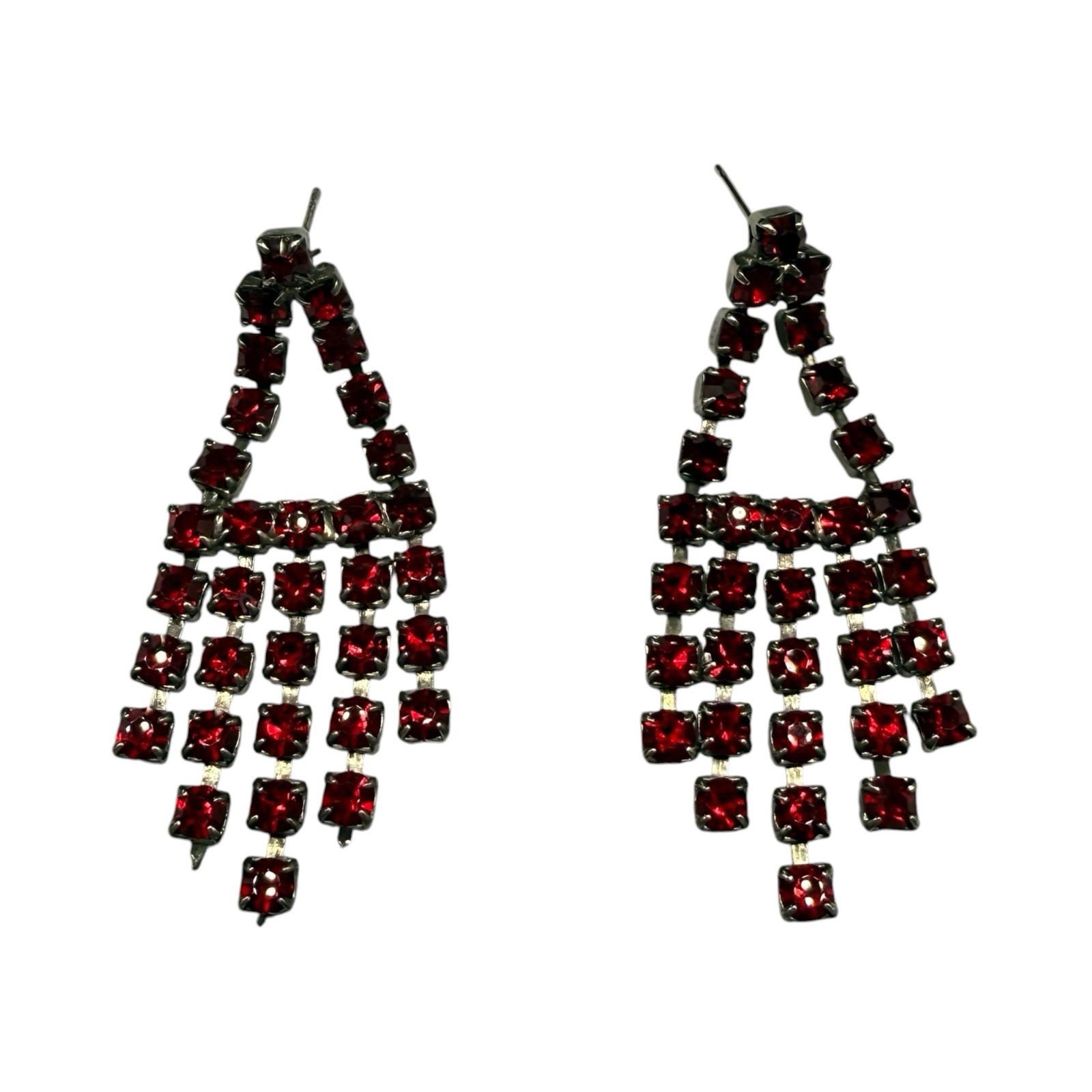 Vintage Chandelier Earrings Red Glass Rhinestones Art Deco MCM Glam Prom Pierced