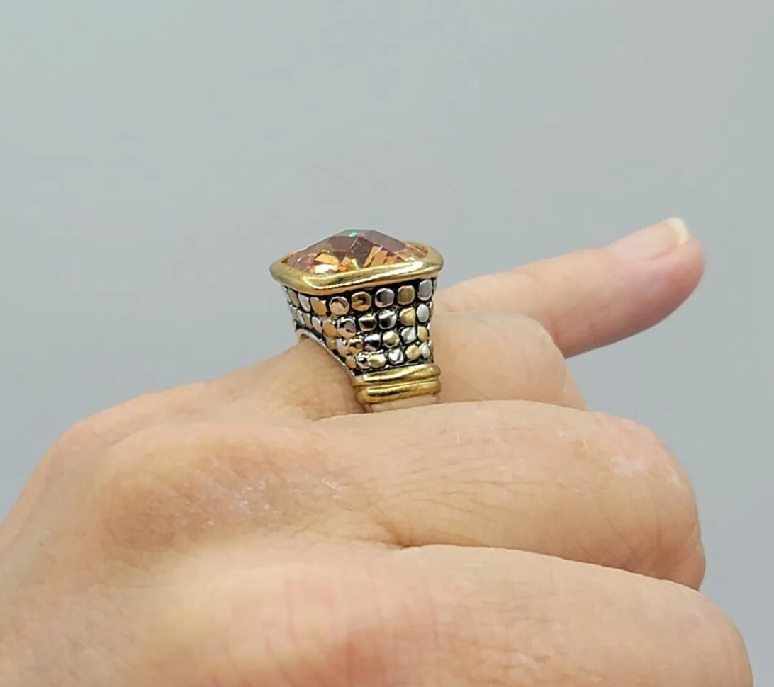 Vtg Sz 6 Ring Lg Citrine Topaz Cubic Zirconia Medieval Theme Fashion Jewelry Dot