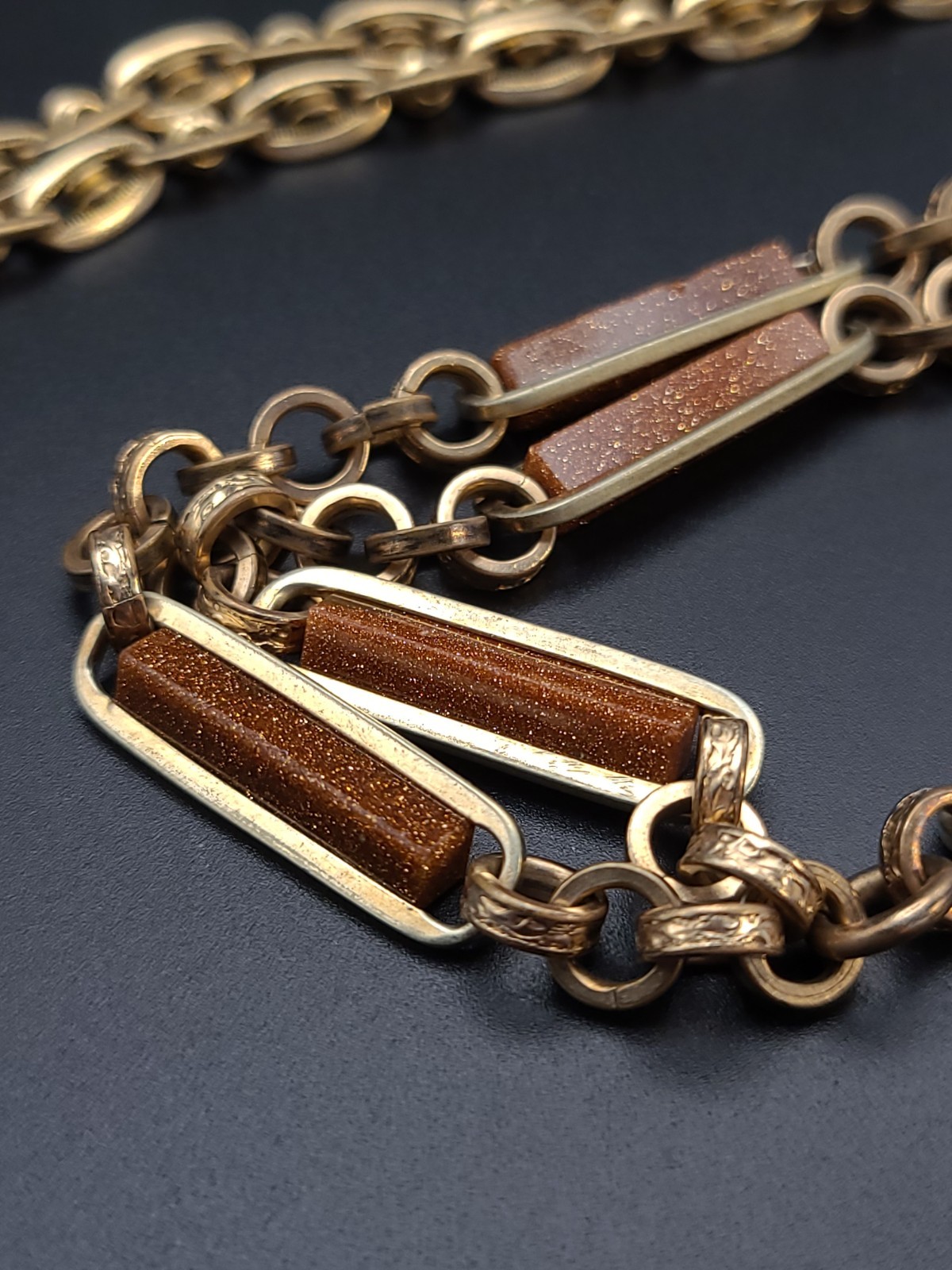 Antique Victorian Goldstone Gold Filled Heavy Chunky Cube Pendant Necklace 27″