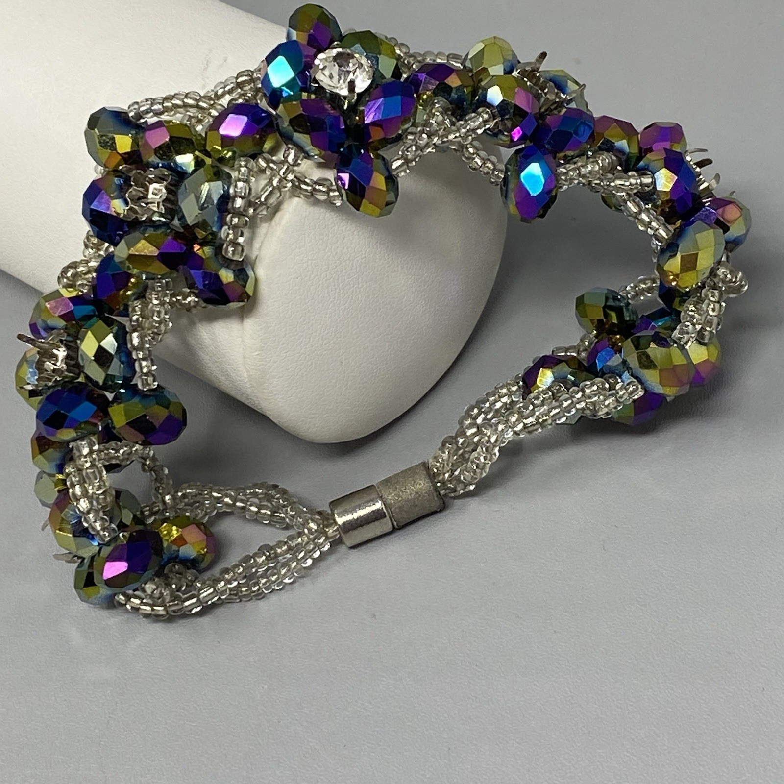 Glass Bead Bracelet Purple Metallic Oil Slick Peacock Coated Chunky Repair 6.5″