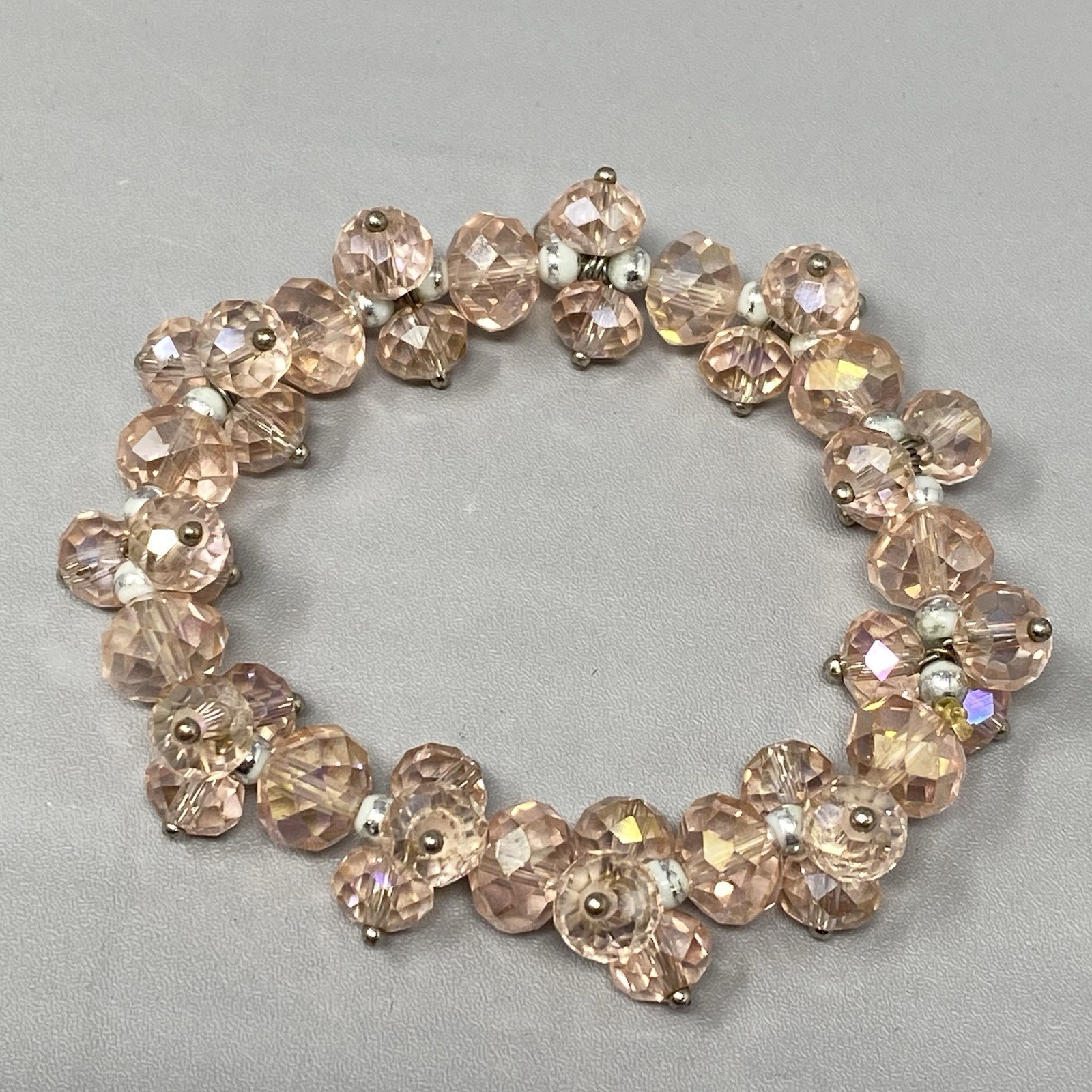 VTG Pink Glass Bead Cluster Bracelet Stretch Fire Polished AB Coated Retro 6.5″