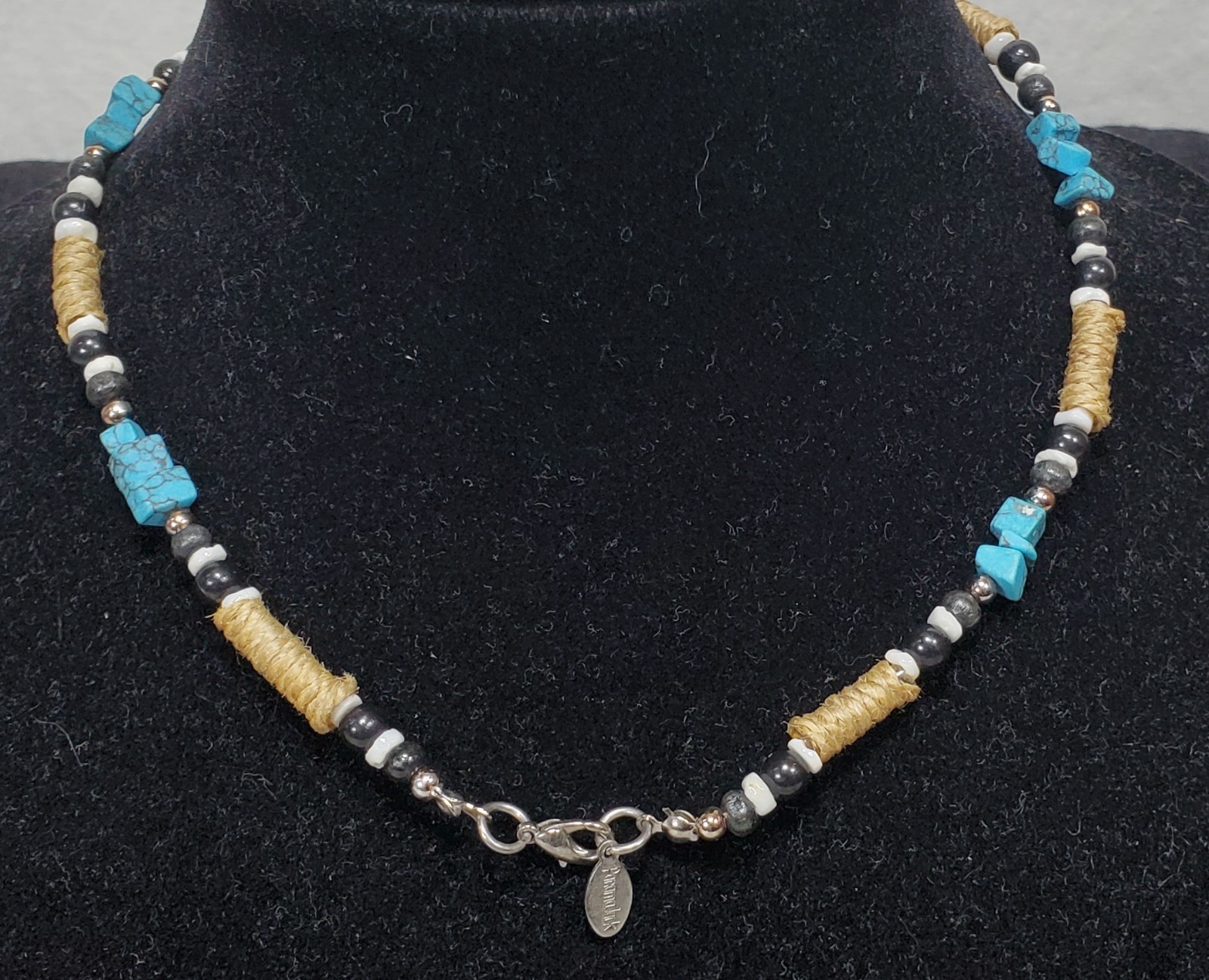 Vtg Panama Jack Southwest Hemp, Turquoise, Black & White Beads Necklace